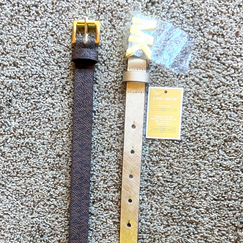 New Michael Kors Gold and Brown logo Belt Set of 2 women’s Sz L